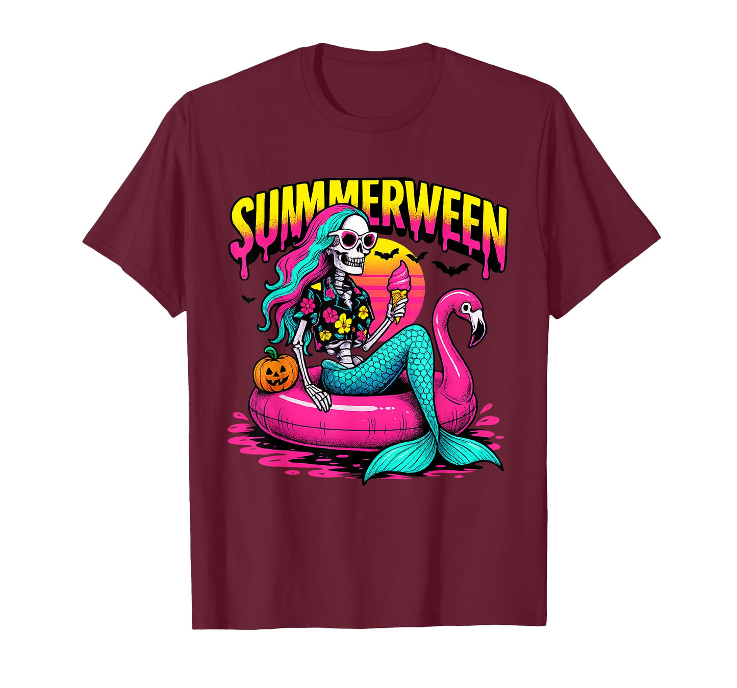 Summerween Skeleton Mermaid Halloween Flamingo T-Shirt