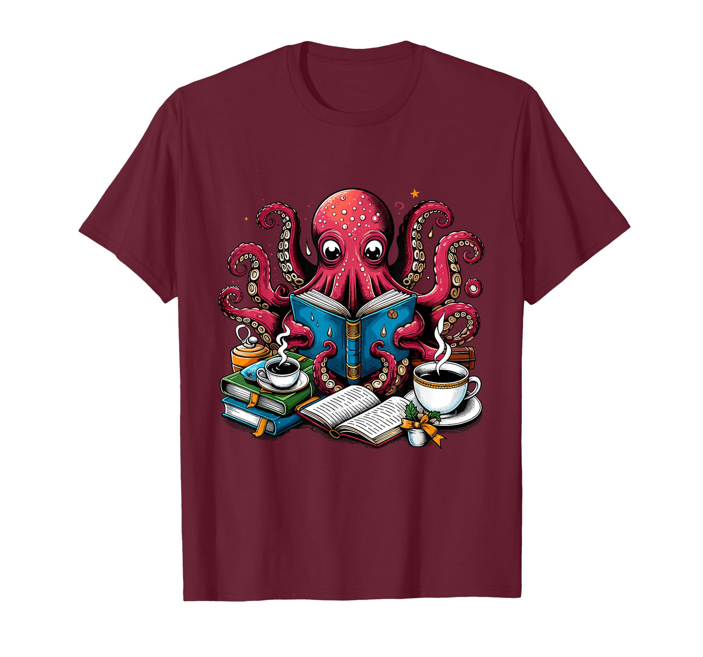 Octopus Reading Book Coffee Lover Bookaholic Bookworm Reader T-Shirt