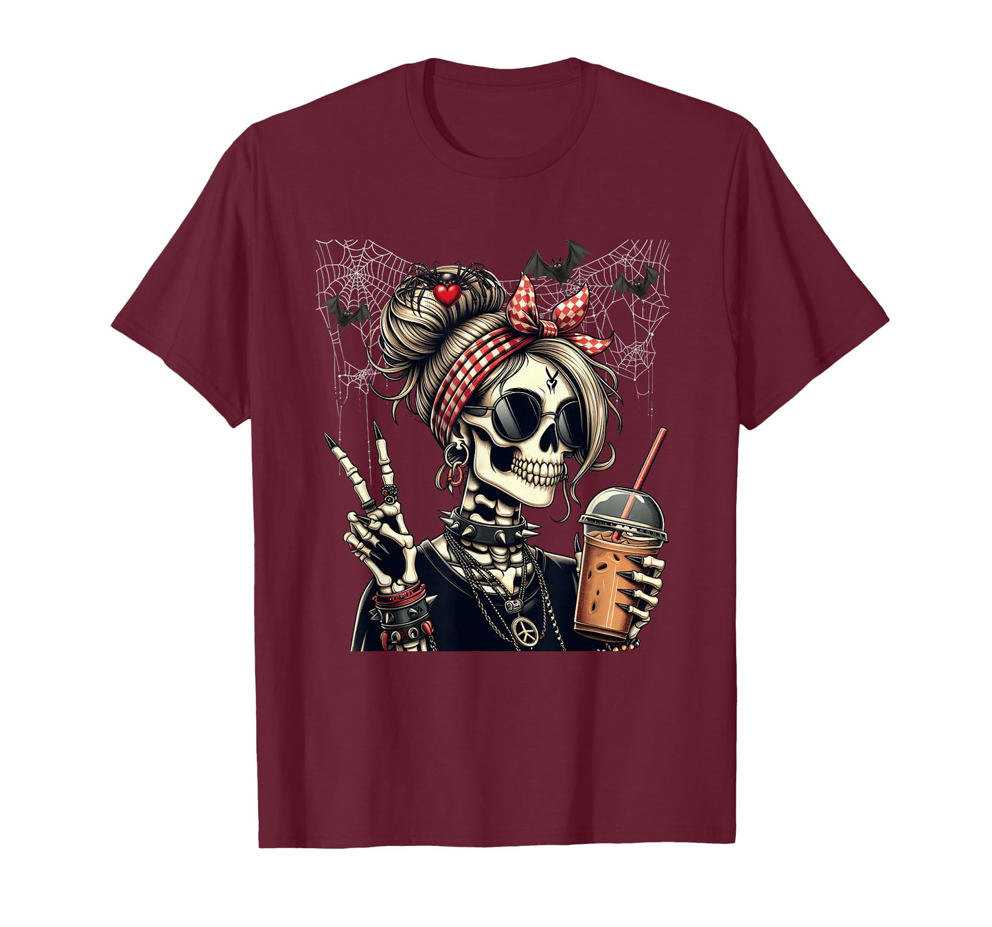 Skeleton Girl Iced Coffee Lover Peace Sign Gothic Halloween T-Shirt