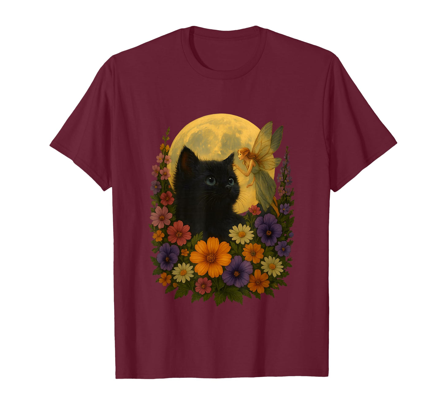 Kitten Moon Wildflowers Tee Fairycore Whimsical Floral Cat T-Shirt
