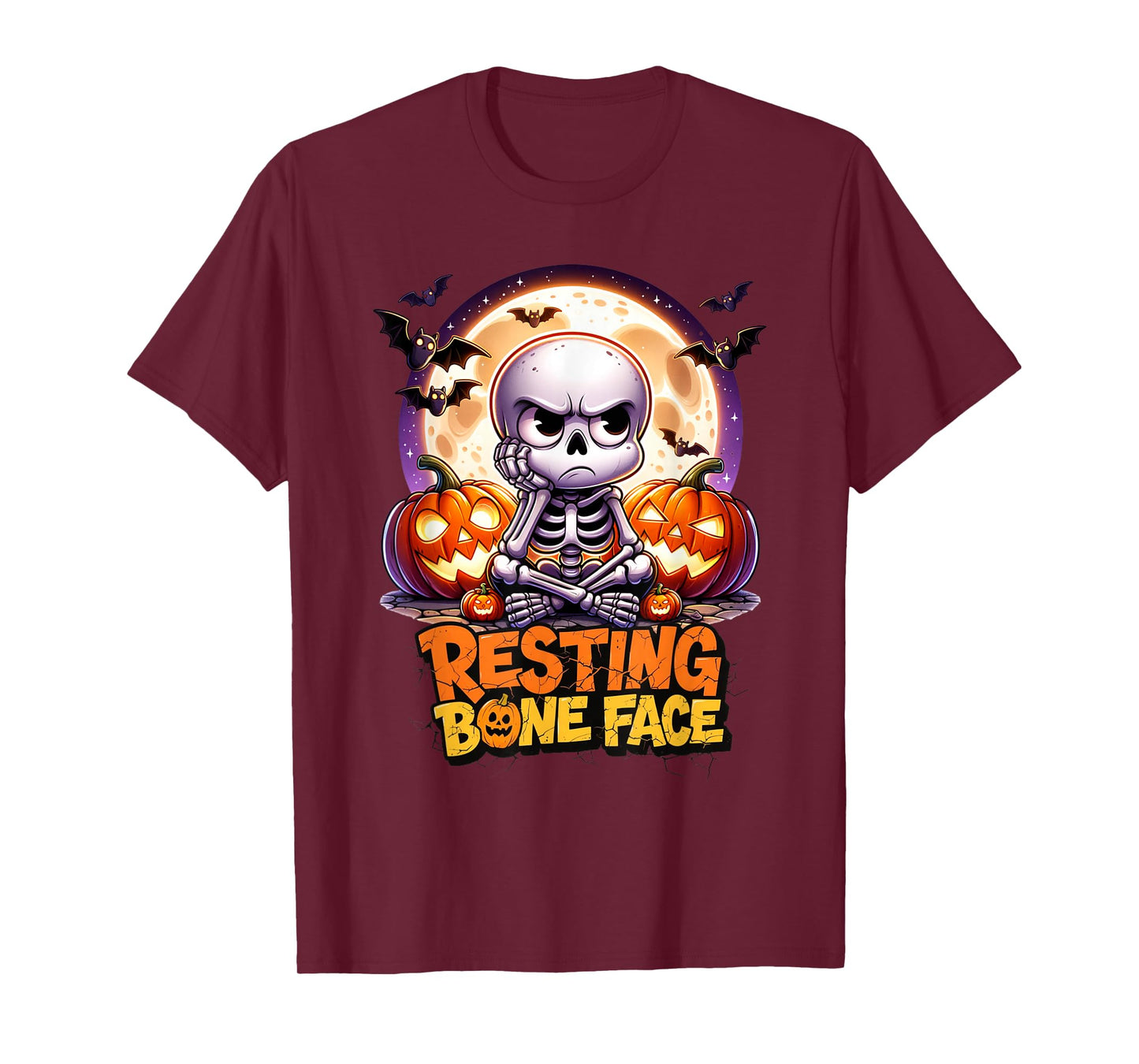 Resting Bone Face Funny Skeleton Halloween Pumpkin Bats T-Shirt