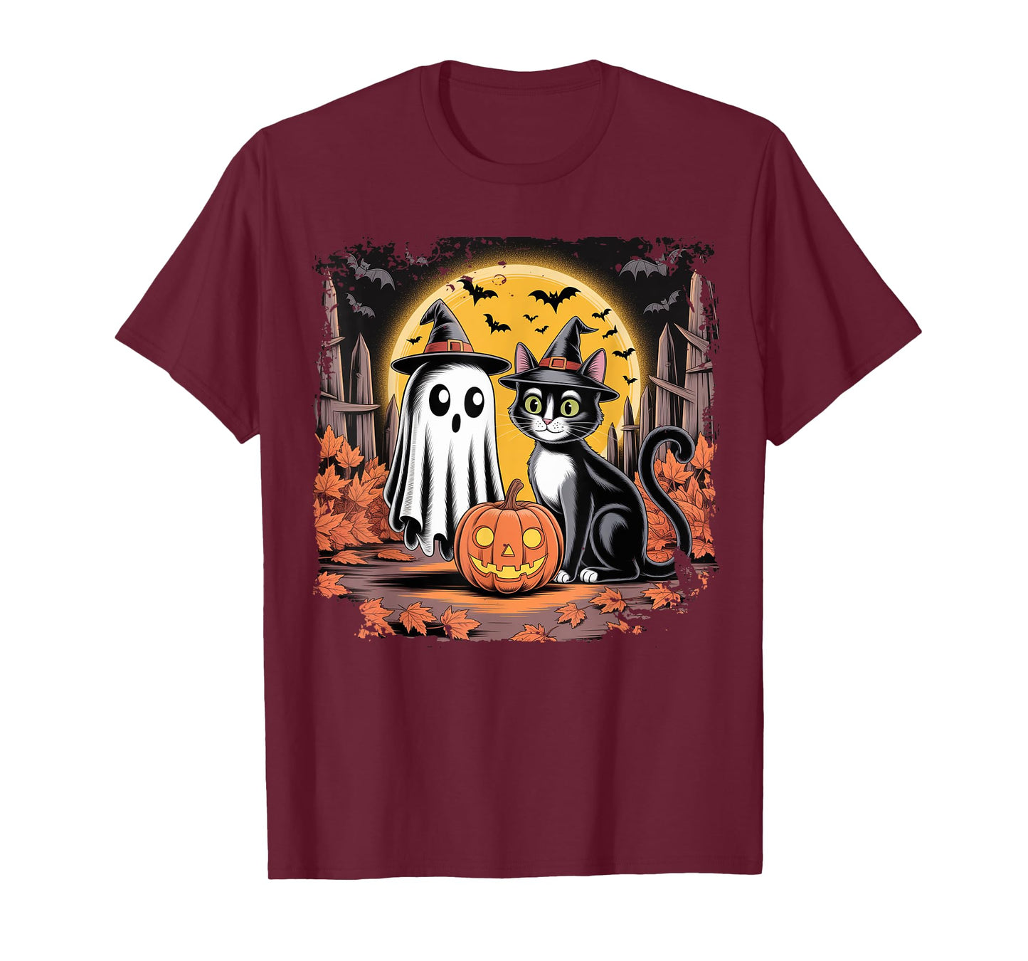 Cute Ghost Black Cat Halloween Witch Pumpkin Dark Forest T-Shirt