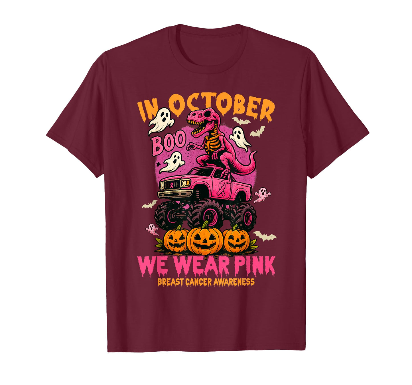 T Rex Dinosaur and Monster Truck We Wear Pink Breast Cancer T-Shirt