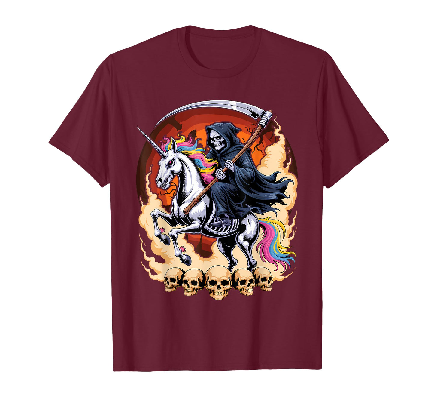 Grim Reaper Riding Unicorn Skeleton Skull Death Halloween T-Shirt
