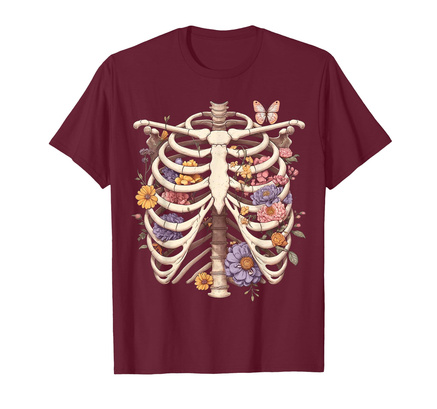 Goth Heart Ribcage with Butterflies and Flowers Skeleton T-Shirt