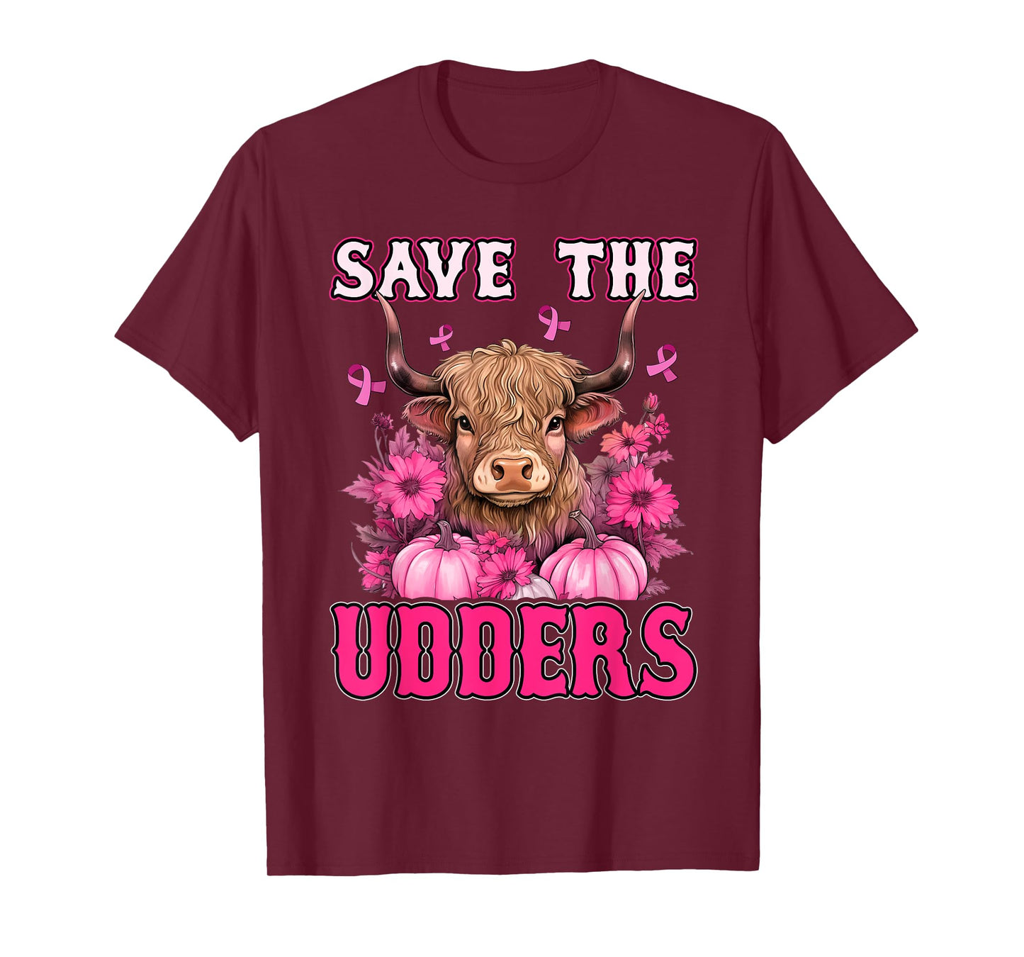 Save The Udders Messy Hair Highland Cow Pink Breast Cancer T-Shirt