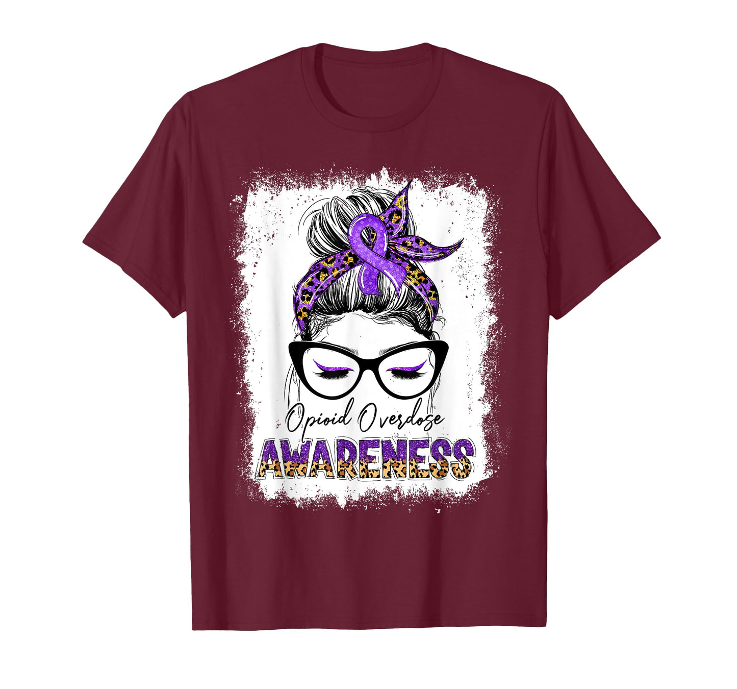 Leopard Messy Bun Opioid Overdose Awareness Purple Ribbon T-Shirt