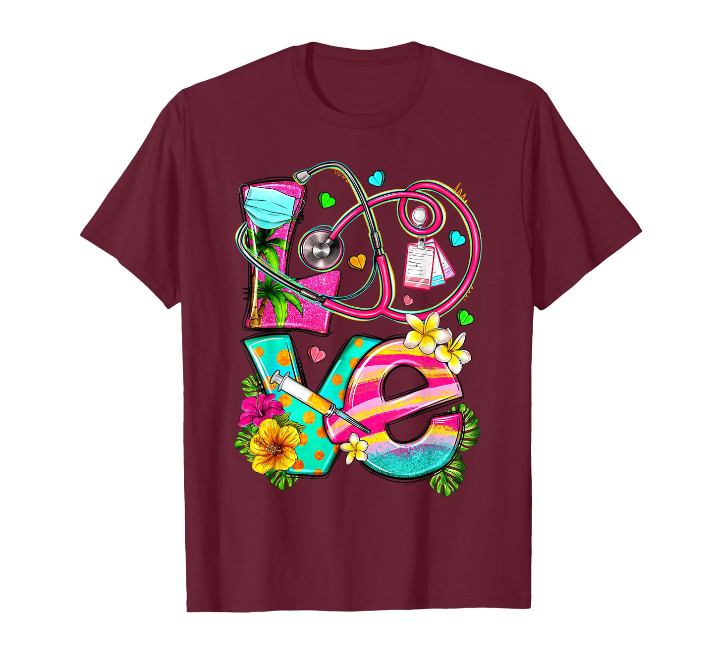 Love Summer Nurse Stethoscope Tropical Flowers Hawaii T-Shirt