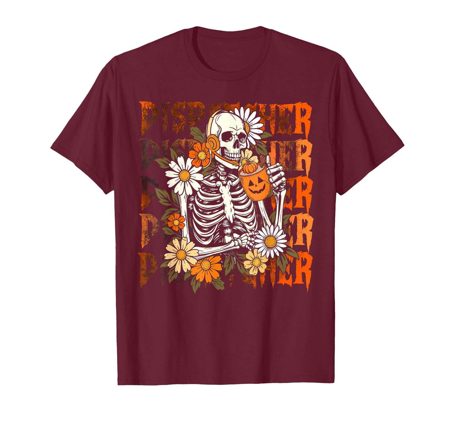 Retro 911 Dispatcher Skeleton Daisy Flower Pumpkin Halloween T-Shirt