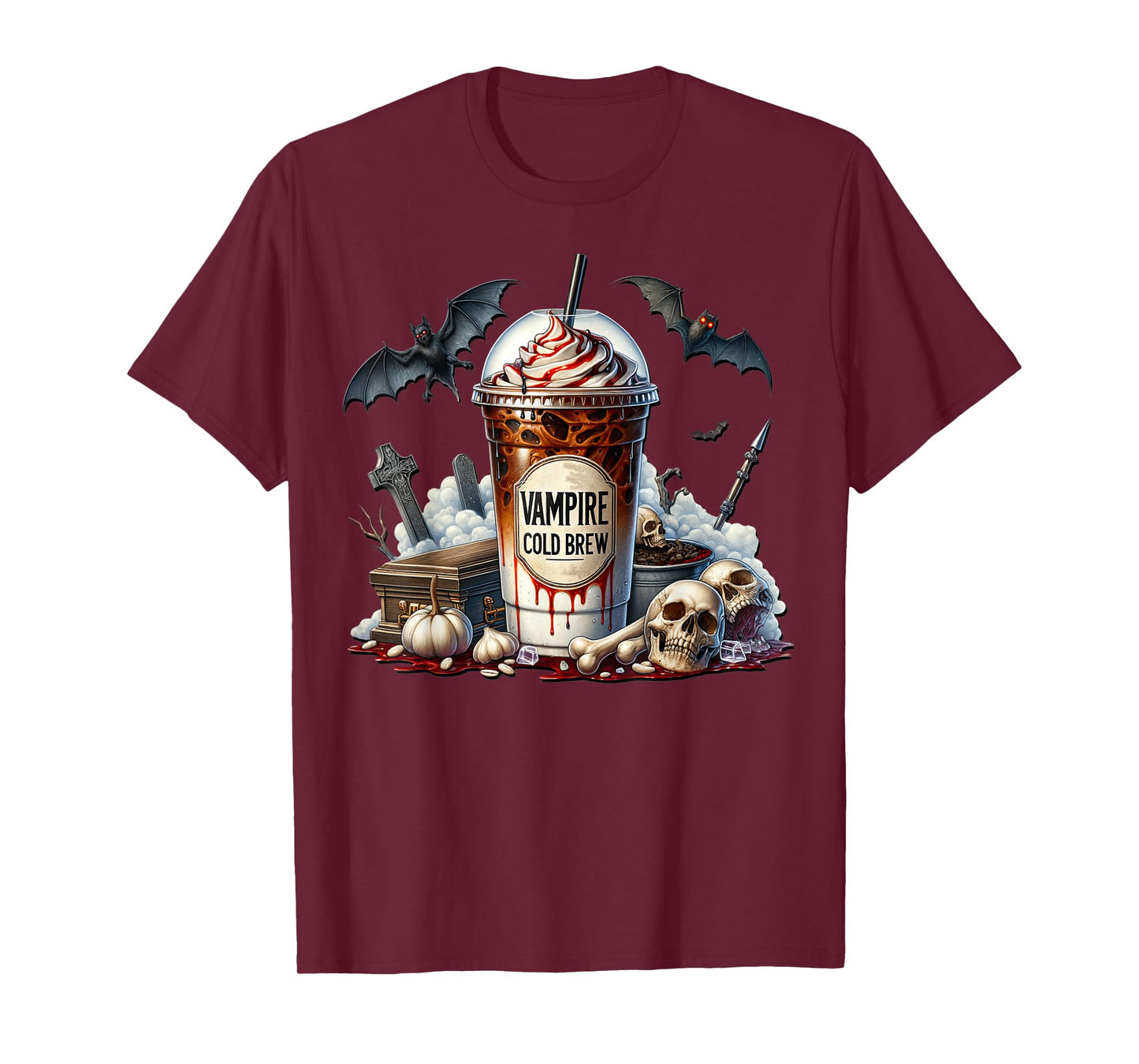 Vampire Coffee Cup Graphic for Women and Men Halloween Bat T-Shirt