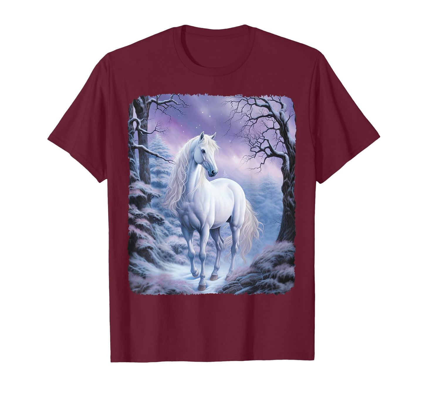 Beautiful white Horse standing in a snowy forest by night T-Shirt