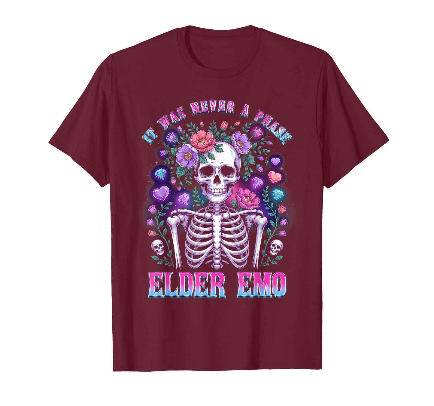 Elder Emo Skeleton It was Never Phase Gothic Flowers Diam0nd T-Shirt