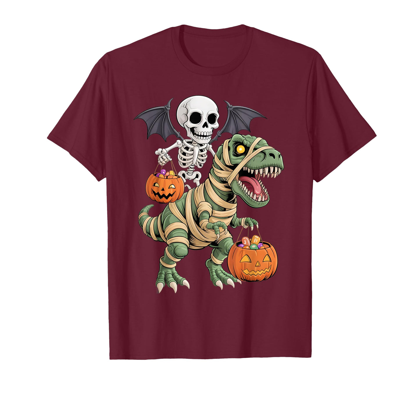 Skeleton Riding Mummy Dinosaur T rex Halloween Pumpkin Gifts T-Shirt