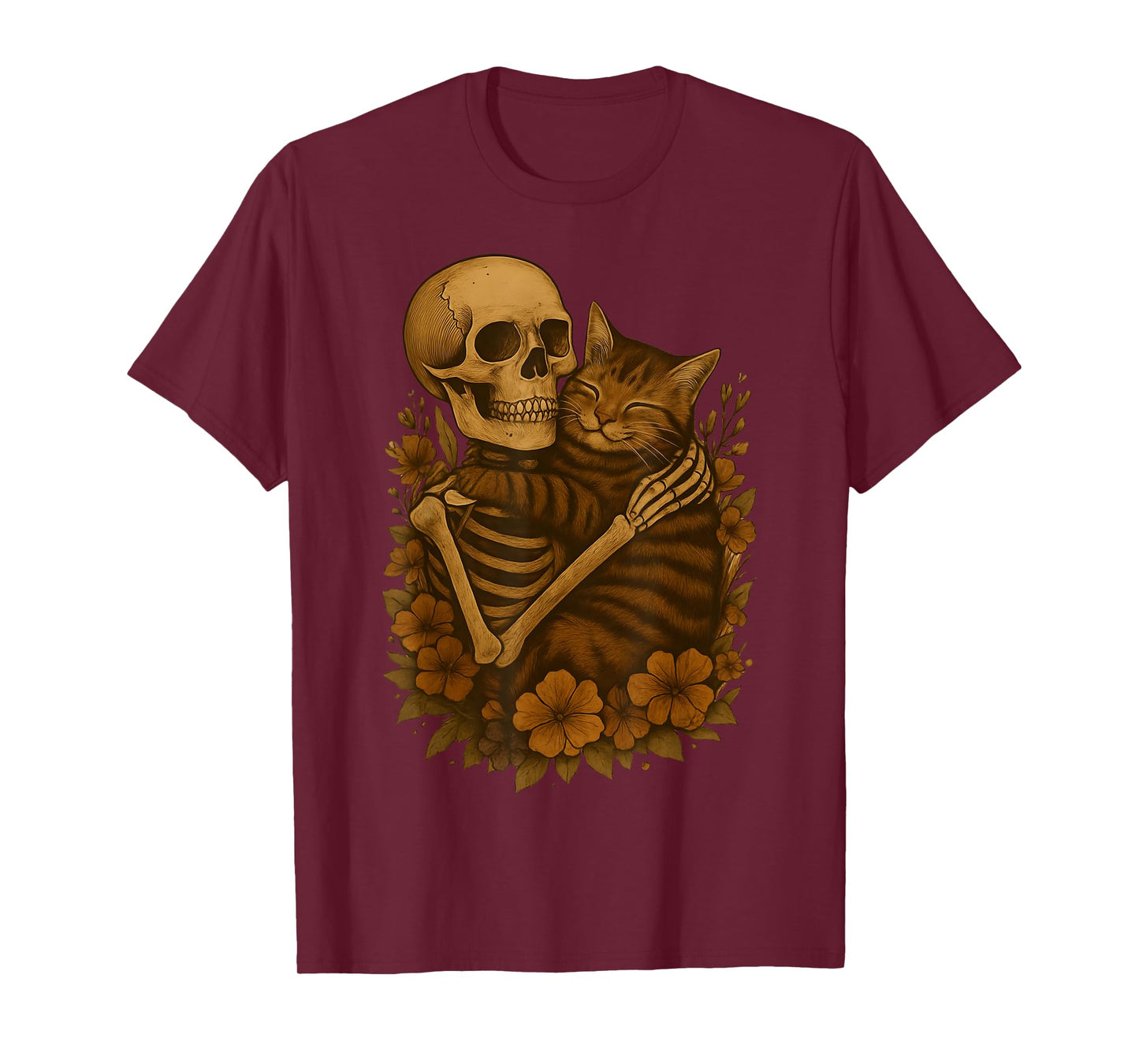 Skeleton Hugging Cat Floral Halloween Cats Lover T-Shirt