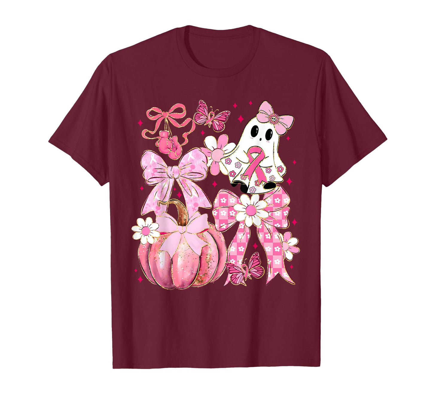 Pink Coquette Bow Ghost Halloween Breast Cancer Awareness T-Shirt