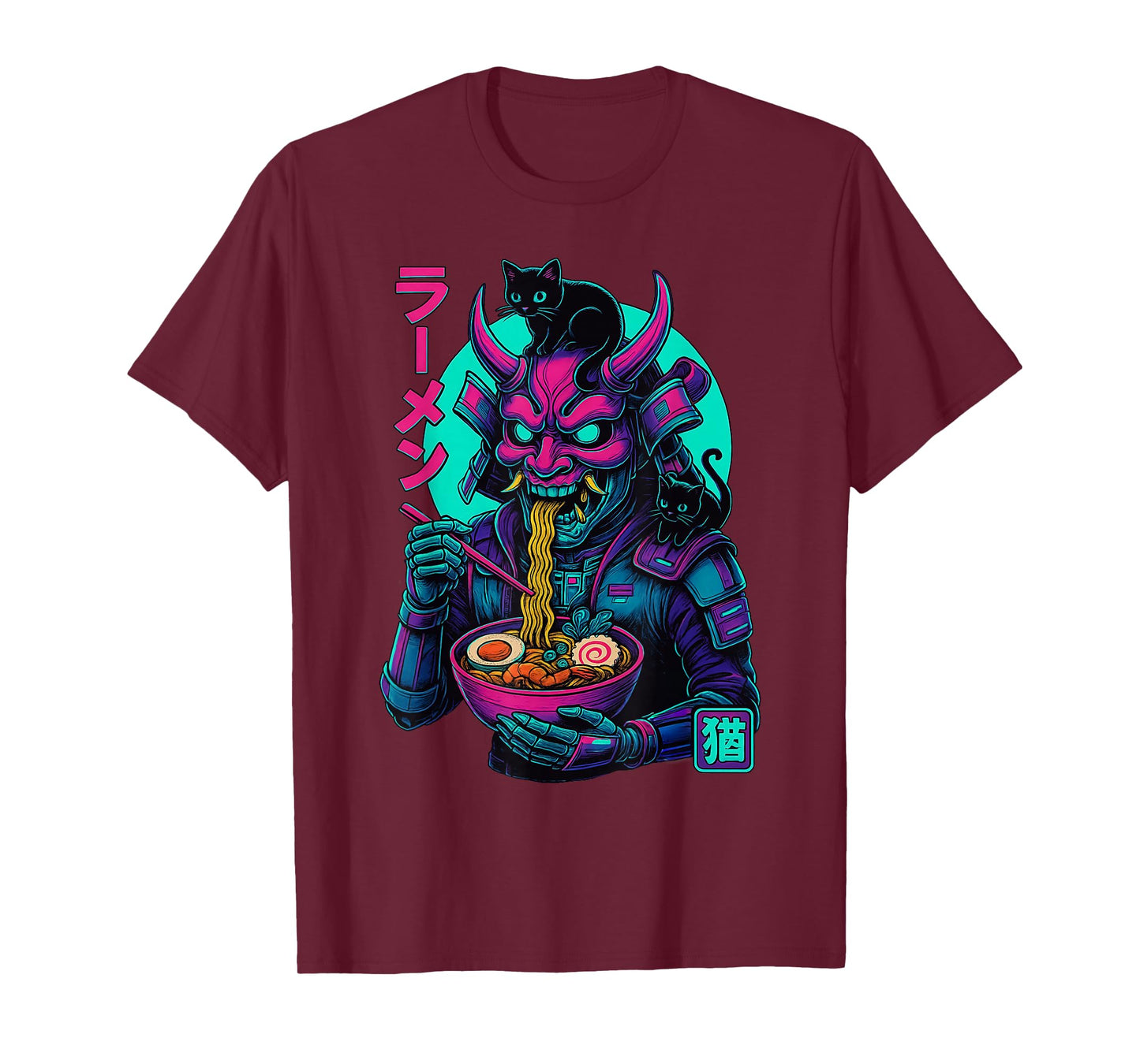 Samurai Oni Skeleton Ramen with Black Cat Japanese Vintage T-Shirt