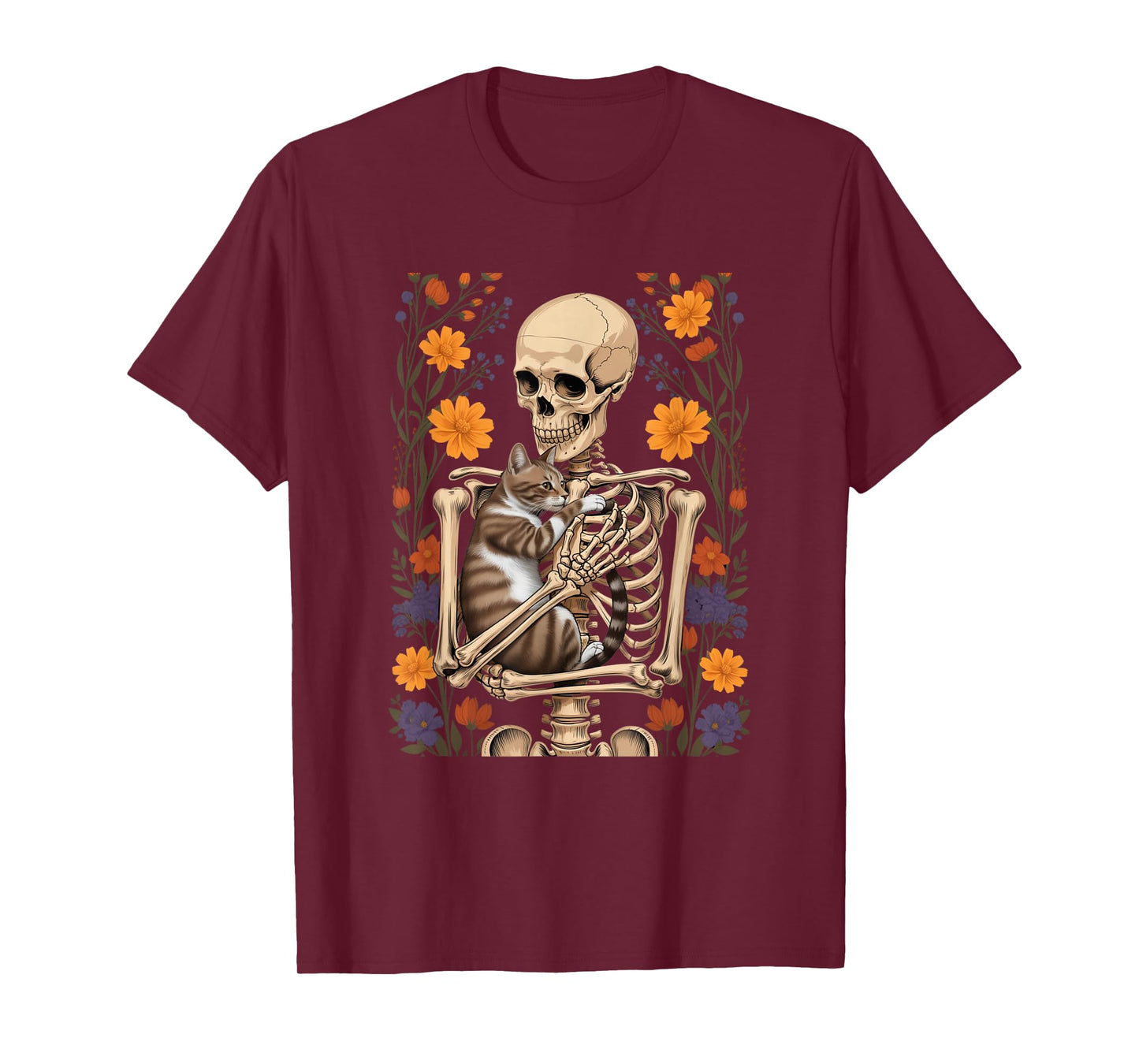 Funny Skeleton Hugging Cat Floral Halloween Cats Lover T-Shirt