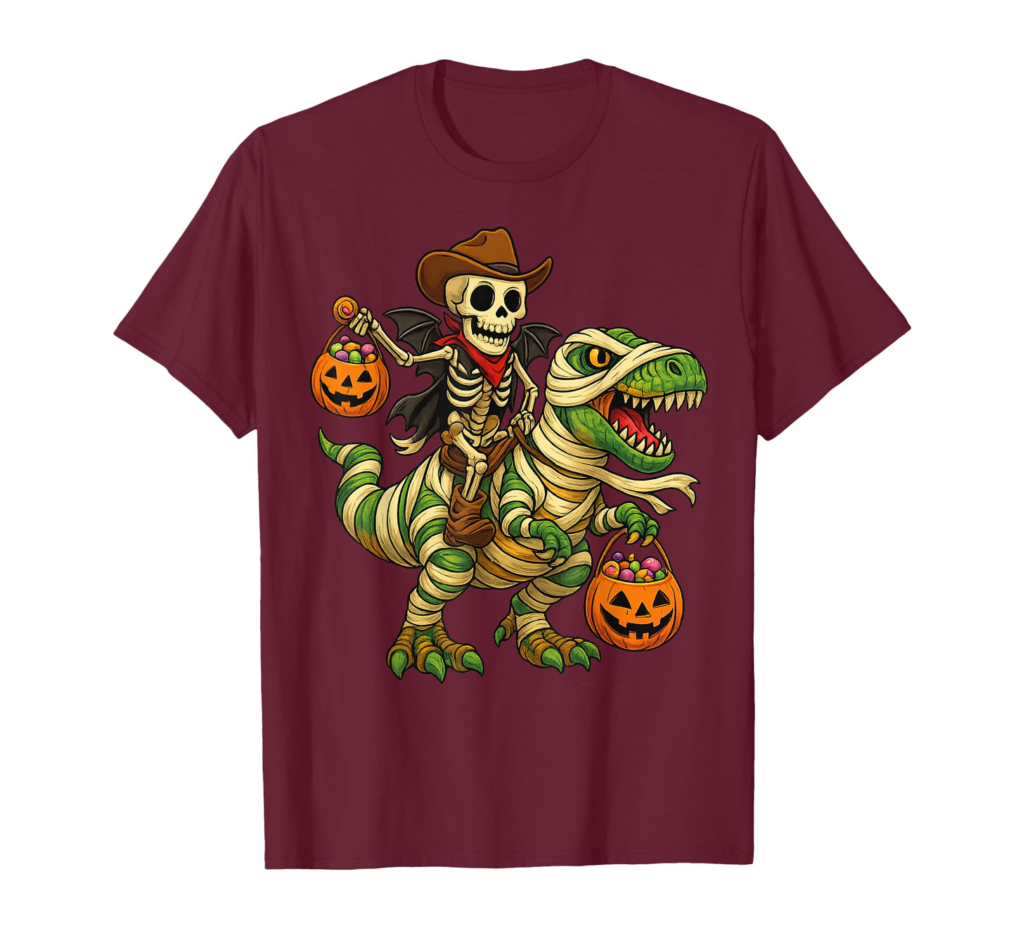 Skeleton Riding Mummy Dinosaur T rex Halloween Funny Pumpkin T-Shirt