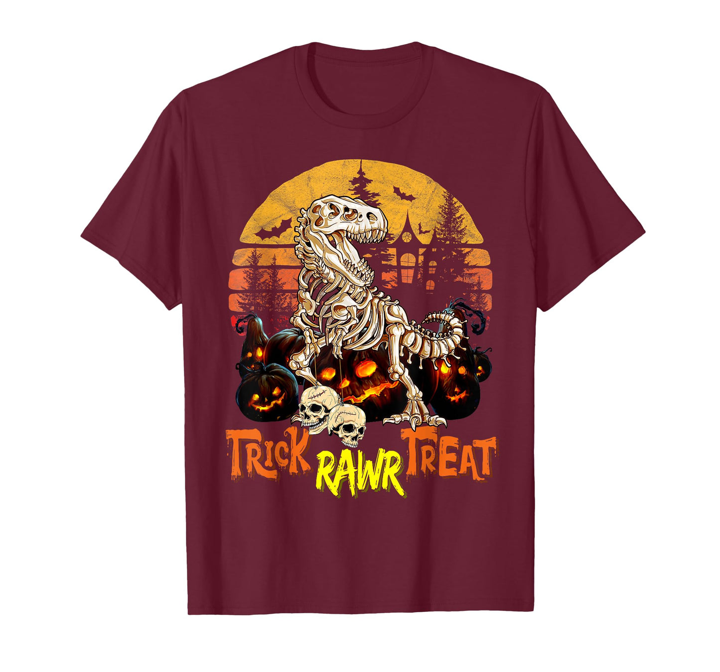 Dinosaur Skeleton T rex Scary Pumpkin Moon Halloween Boys T-Shirt