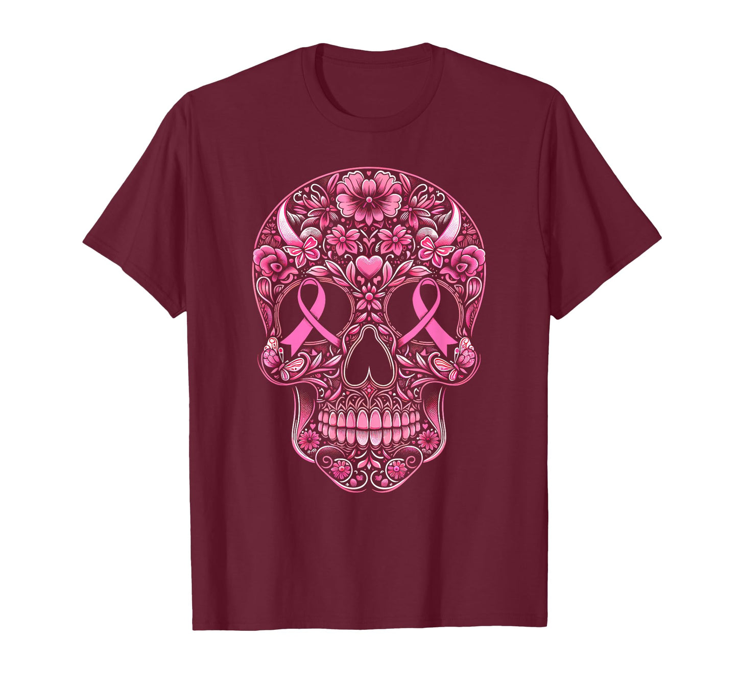 Sugar Skull Pink Ribbon Calavera Breast Cancer Awareness T-Shirt