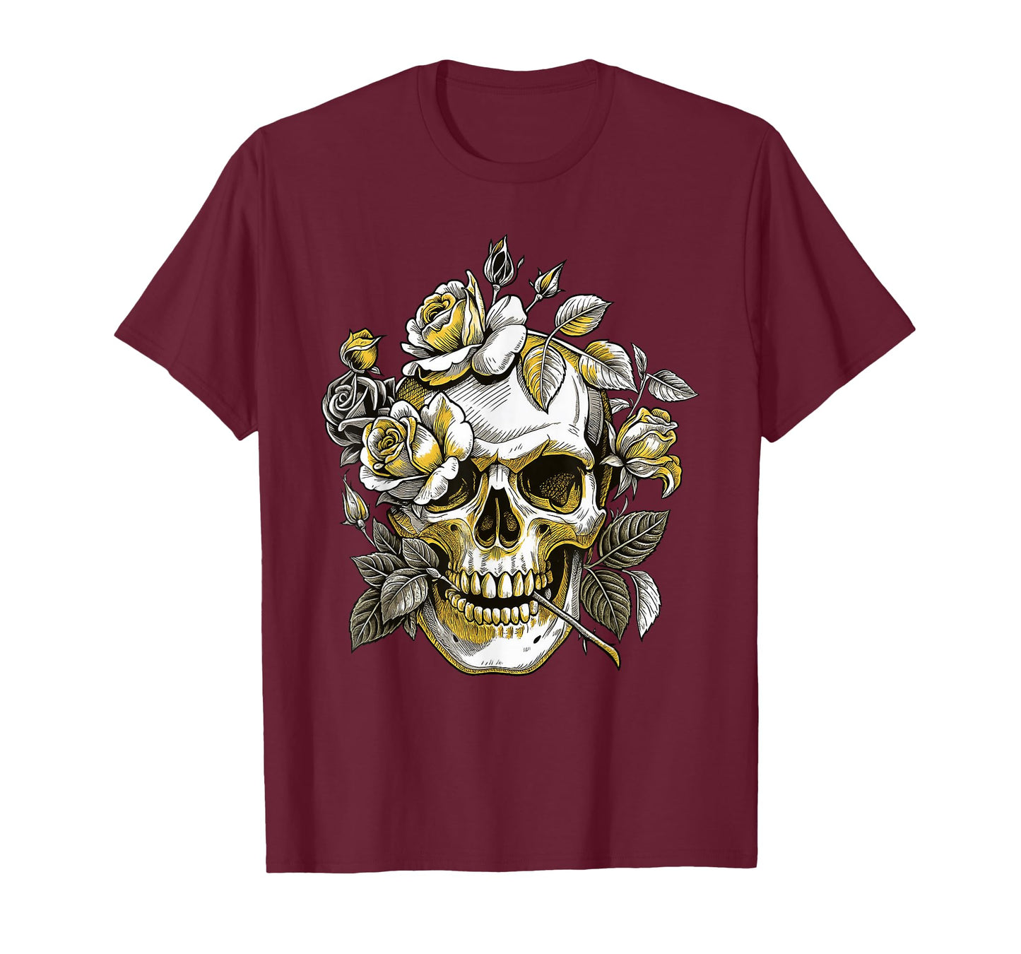 Floral Mexican Skull with Rose Details and Gothic Head T-Shirt