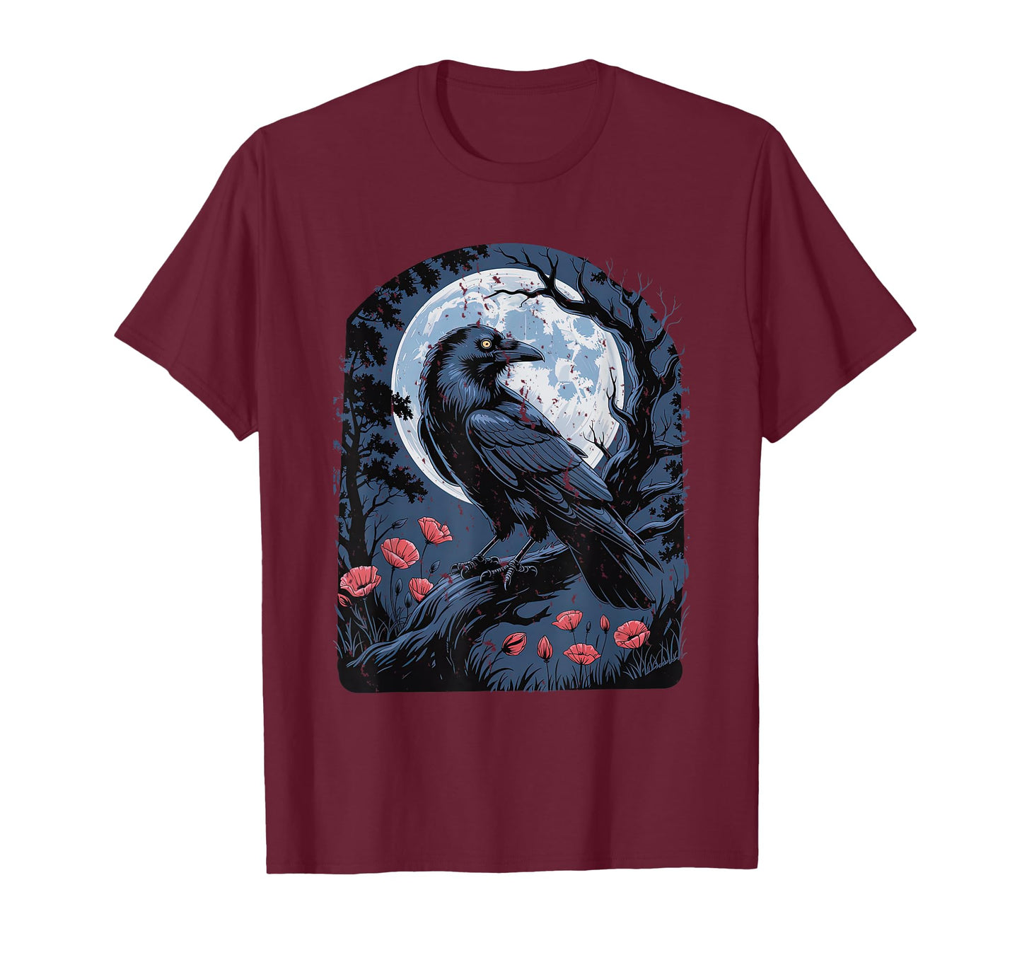 Raven with Poppies Moon and Flowers Gothic Botanical Crow T-Shirt