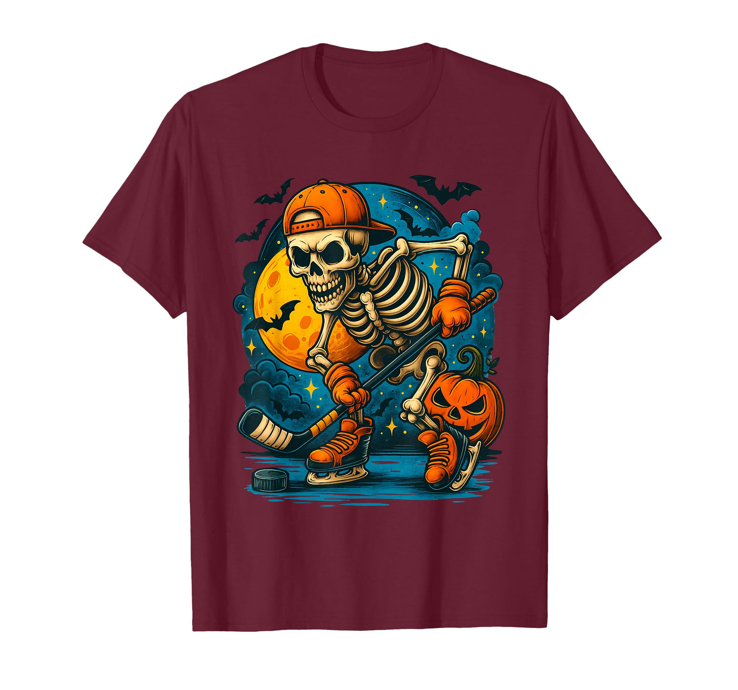Halloween Skeleton Playing Ice Hockey Pumpkins Kids Boys Tee T-Shirt