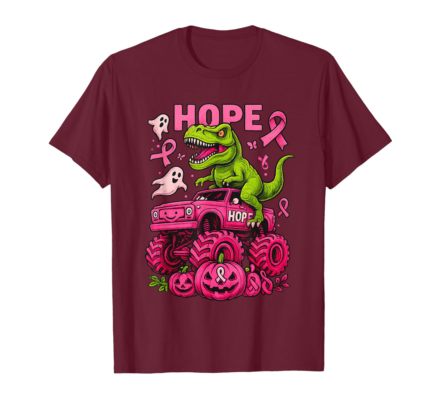 Dinosaur T Rex Riding Monster Truck Pink Breast Cancer T-Shirt