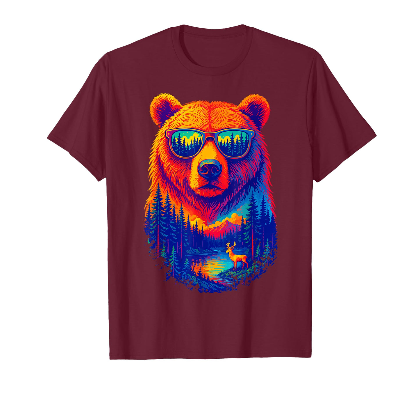 Bear Sunglasses Wildlife Deer Campfire Nature Vintage Forest T-Shirt