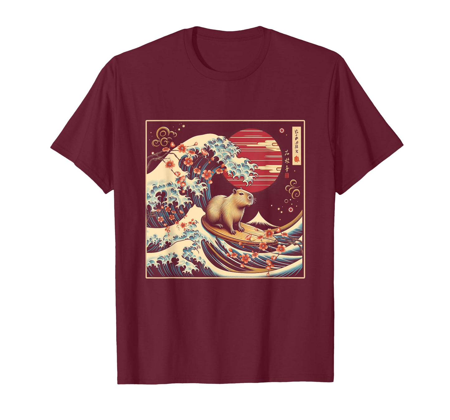 Capybara Waving Surfing Japanese Art GreatWave Sunset T-Shirt
