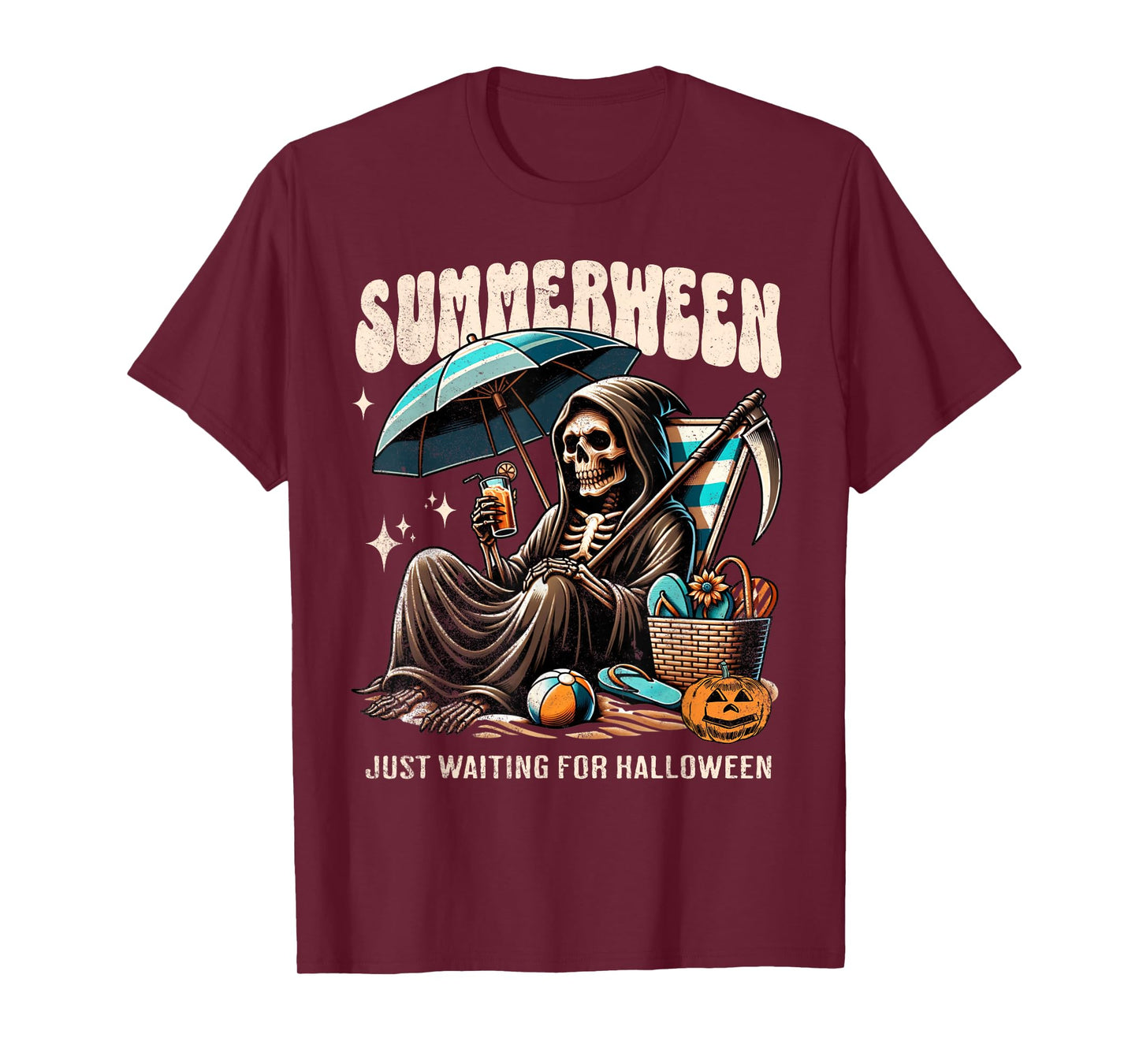 Summerween Grim Reaper Skeleton Summer Vibes Halloween Ghost Men Women Kids T-Shirt