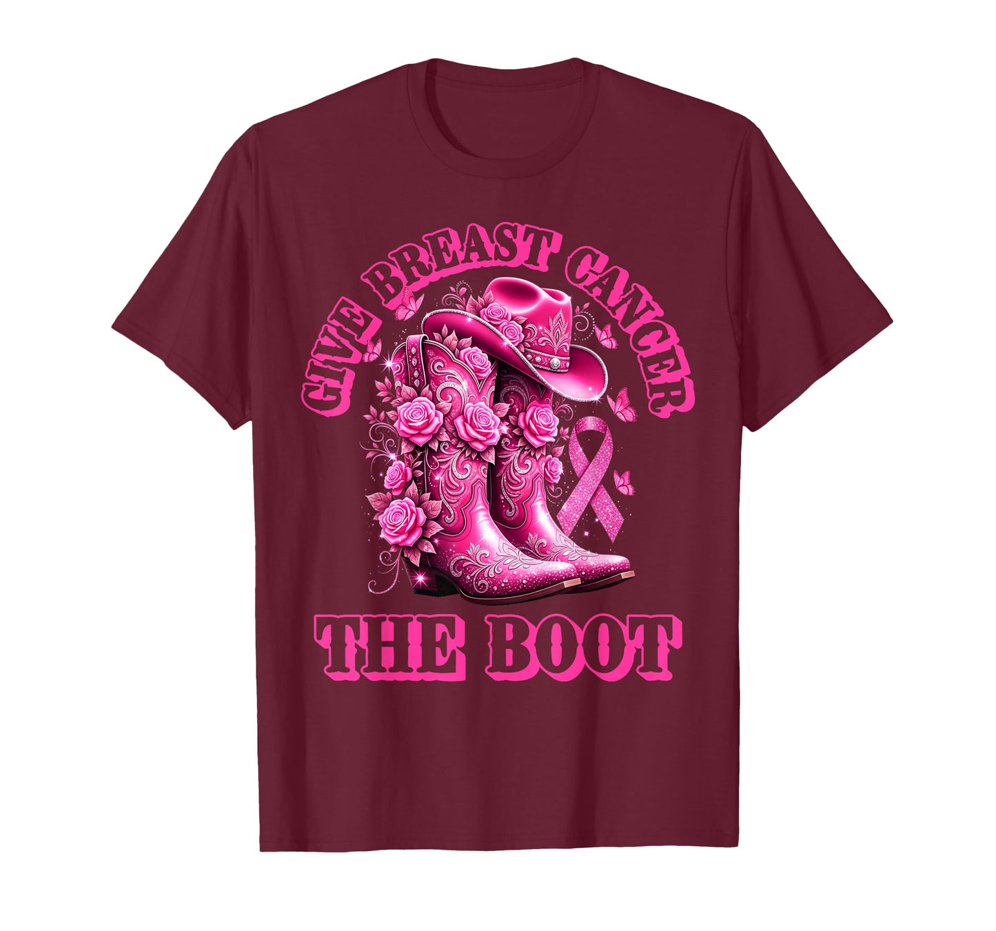 Give Breast Cancer The Boot Cowgirl Pink Ribbon Western T-Shirt