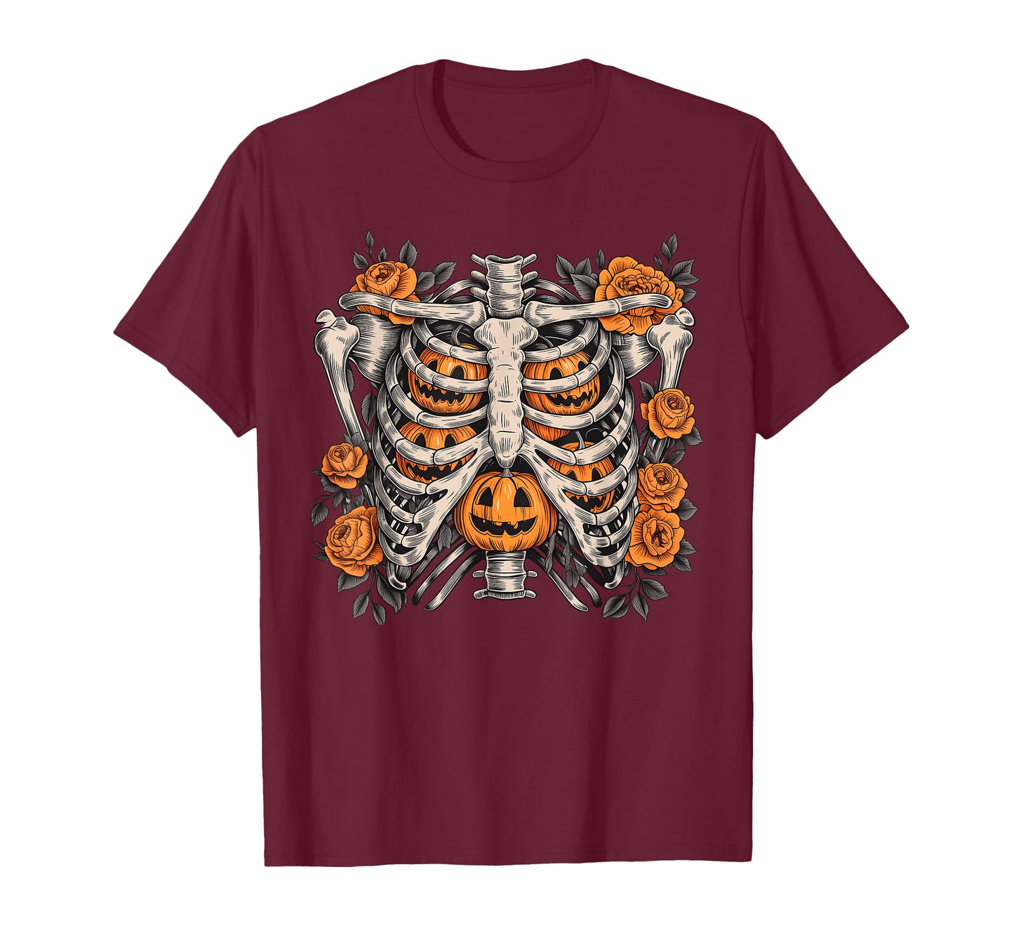 Halloween Retro Floral Ribcage Pumpkins Skeleton Fall T-Shirt