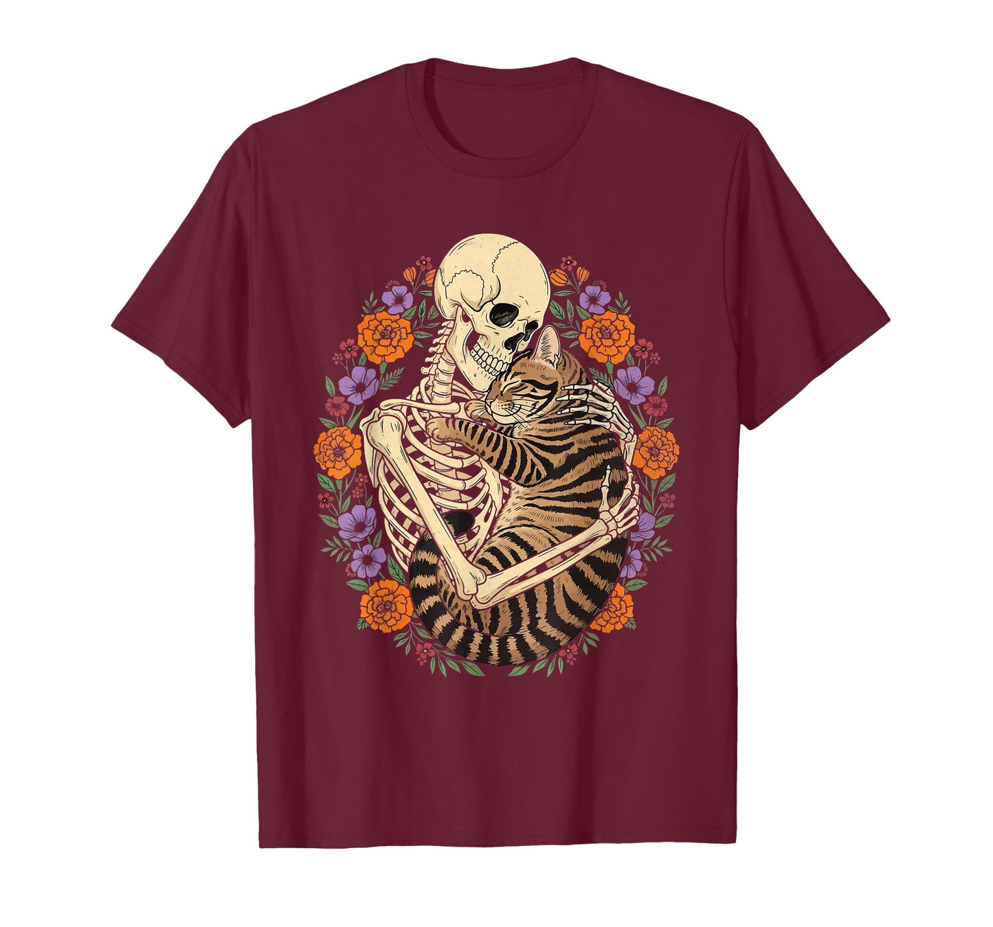 Skeleton Hugging Cat Halloween Gothic Floral Cat Lover T-Shirt