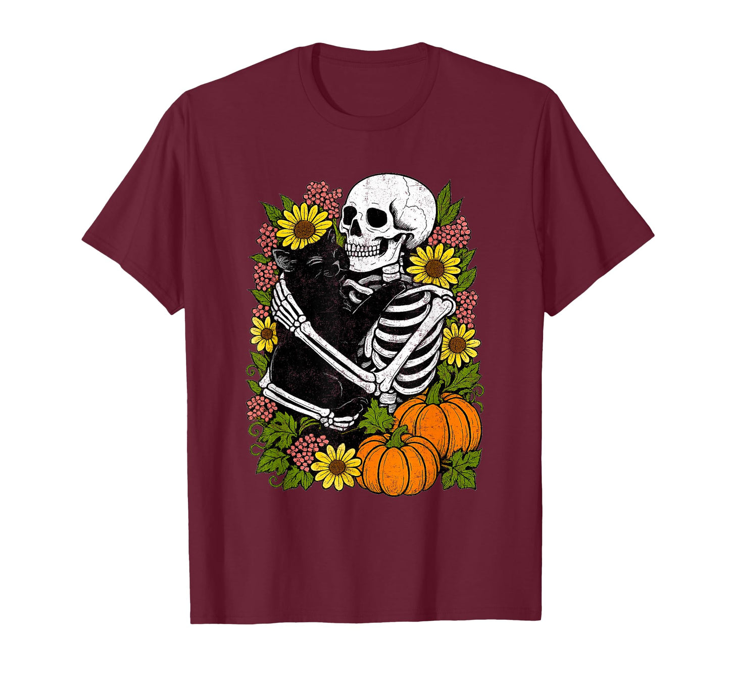 Skeleton Hugging Black Cat Funny Halloween Cats Lover T-Shirt