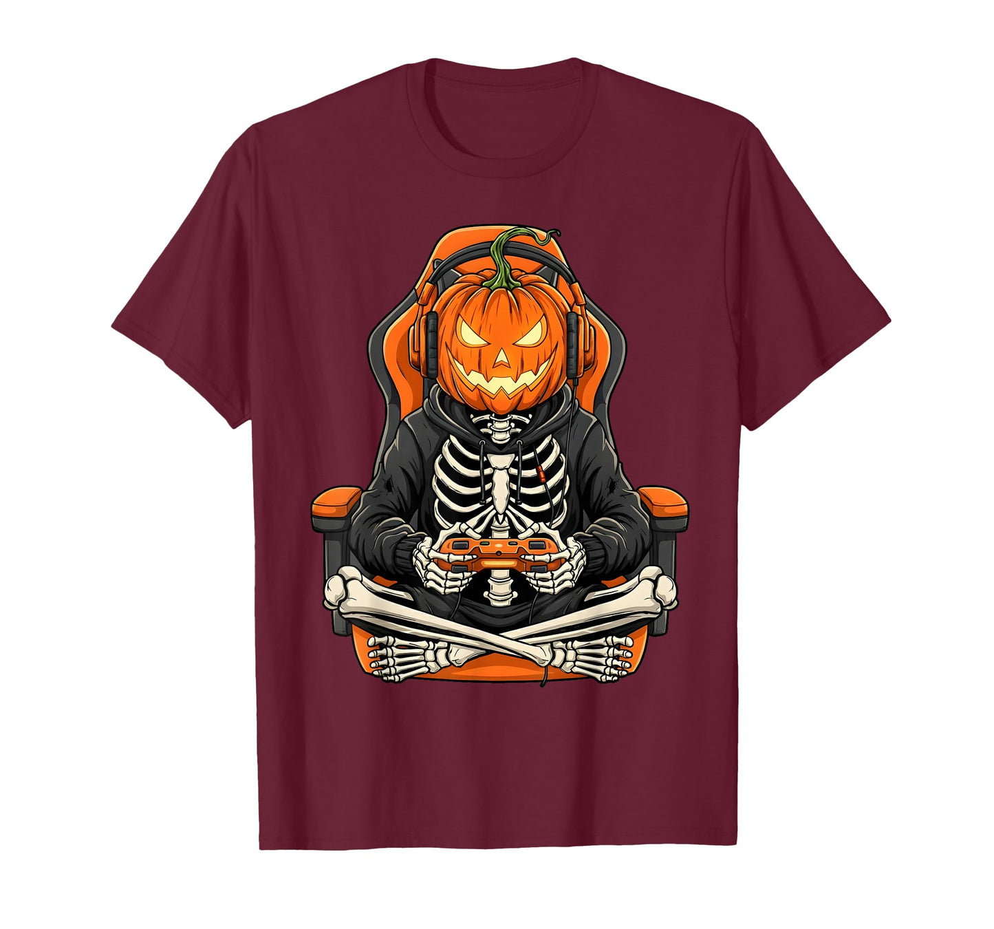 Halloween Skeleton Gamer Pumpkin Video Gaming Boys Men Kids T-Shirt