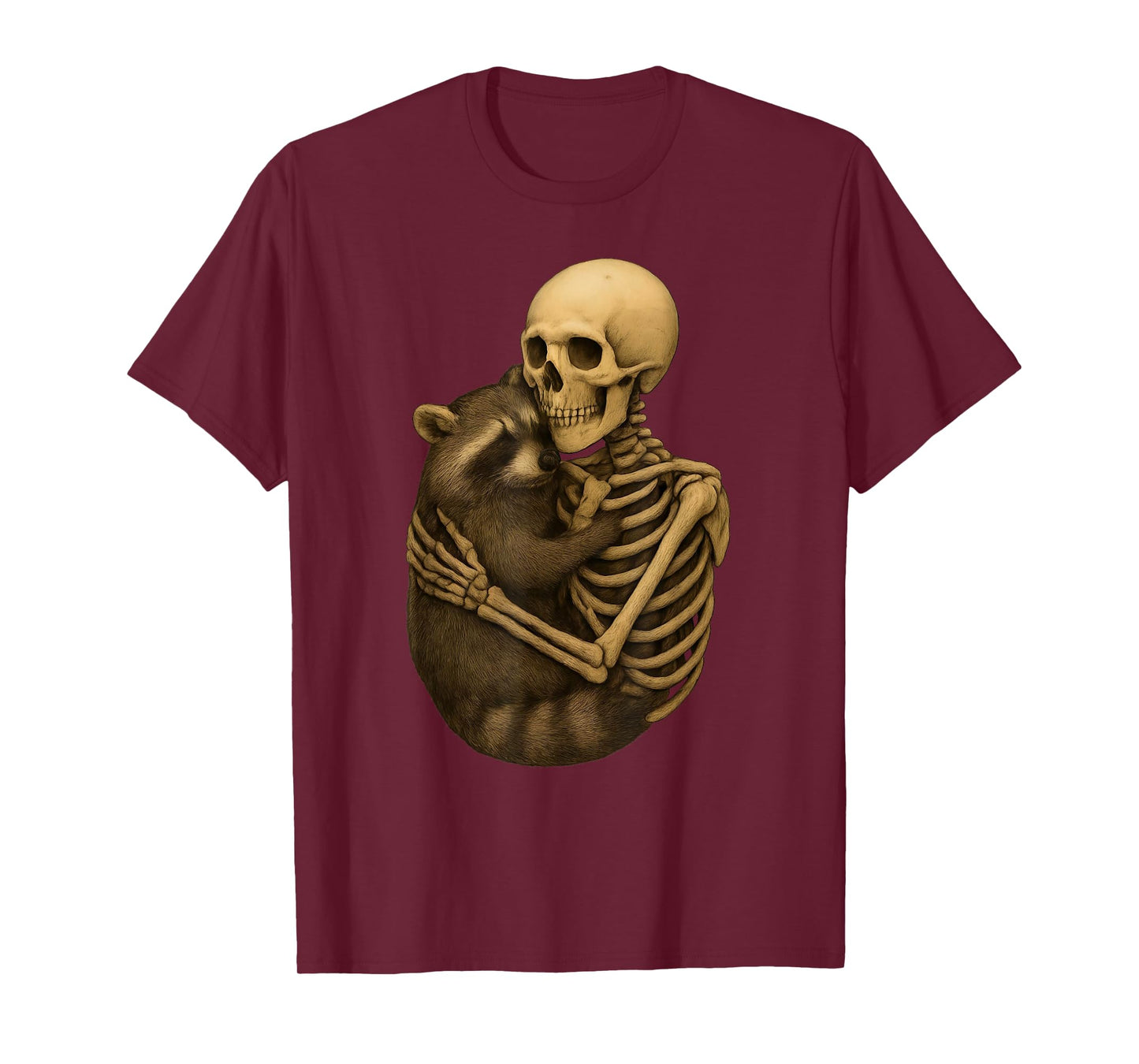 Skeleton Hugging a Raccoon Fall Vibes Halloween Costume Cute T-Shirt