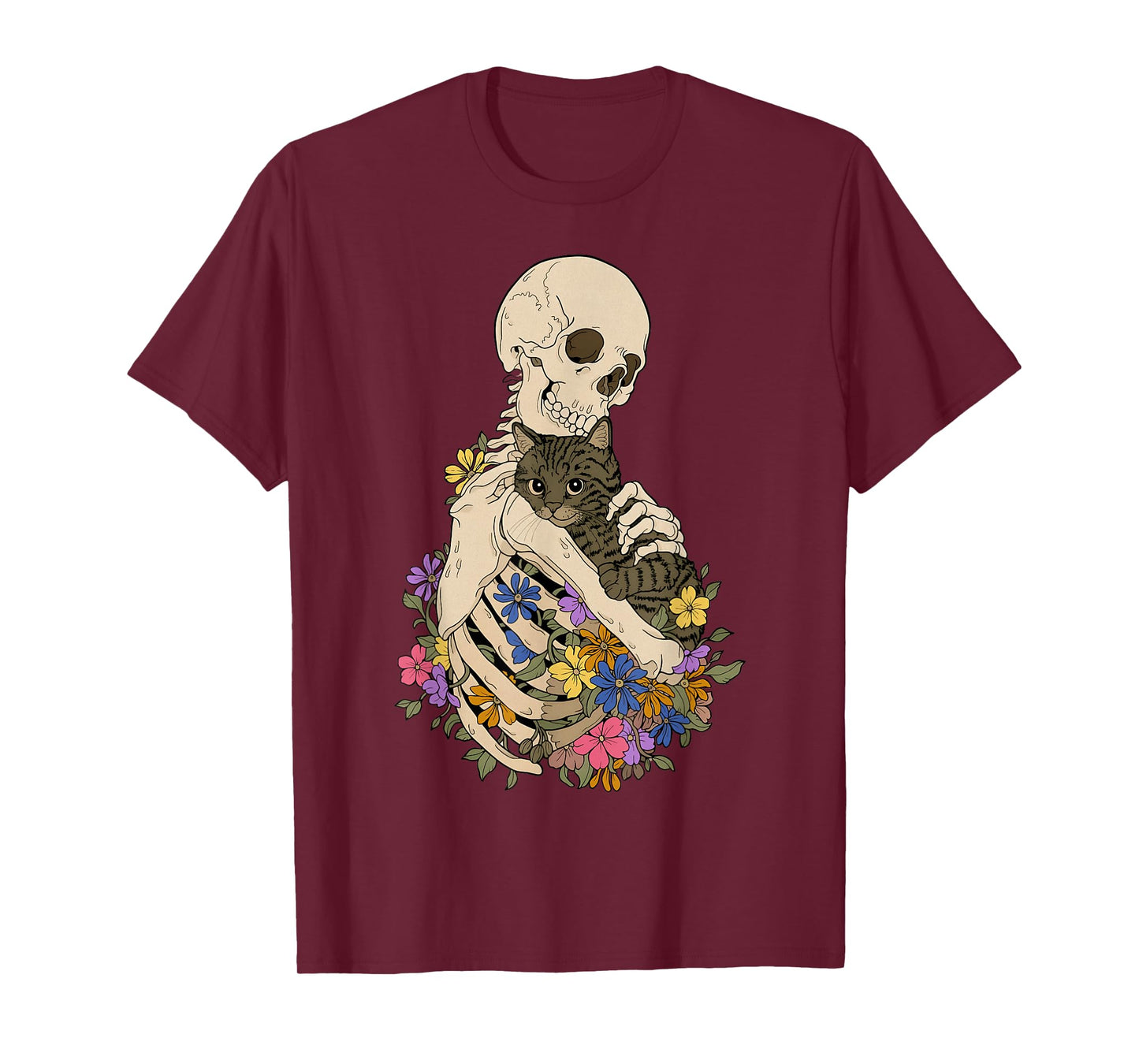 Skeleton Hugging Cat Floral Halloween Cats Lovers T-Shirt
