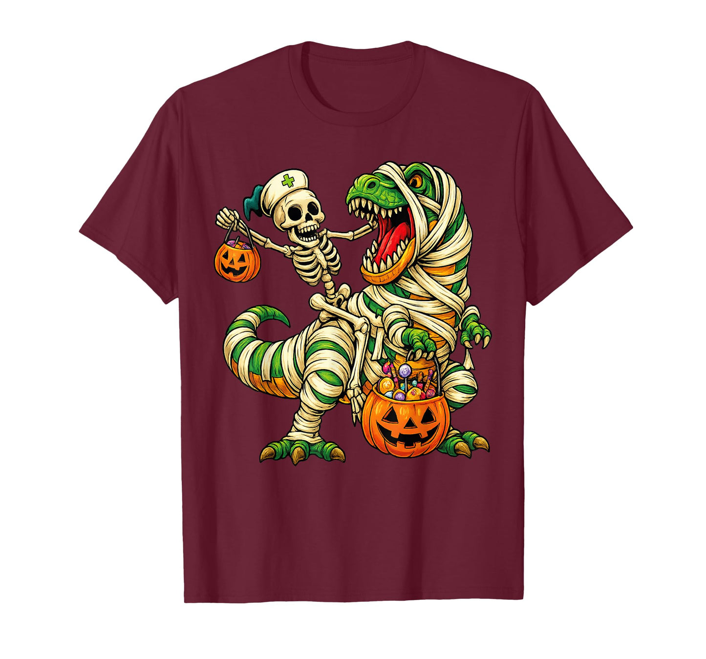 Skeleton Riding Mummy Dinosaur T rex Halloween Funny Pumpkin T-Shirt