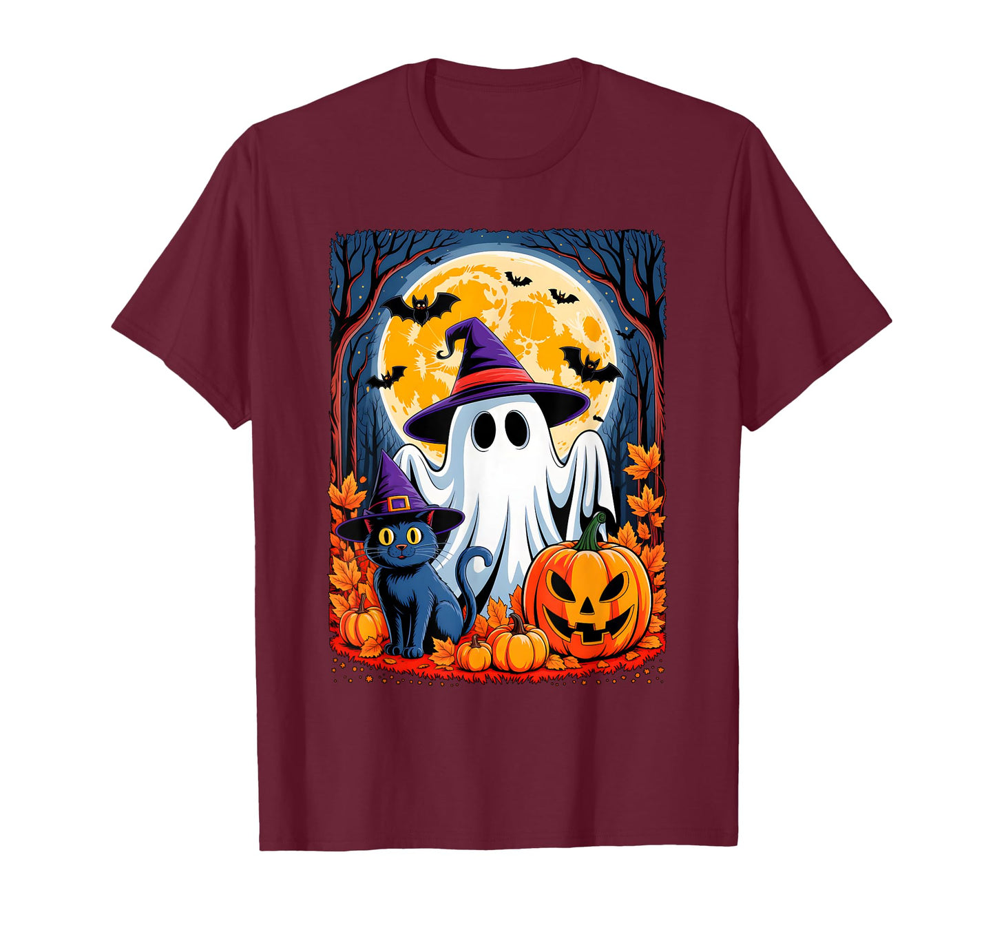 Cute Ghost Black Cat Halloween Witch Pumpkin Dark Forest T-Shirt