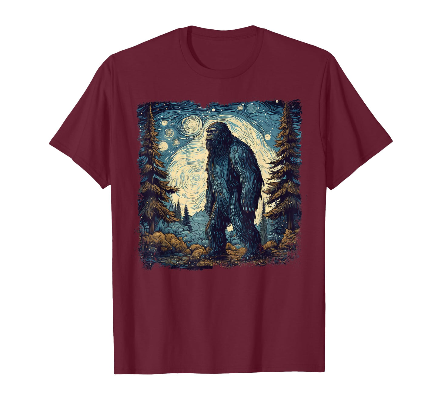 Bigfoot Starry Night Sasquatch Van Gogh Painting T-Shirt