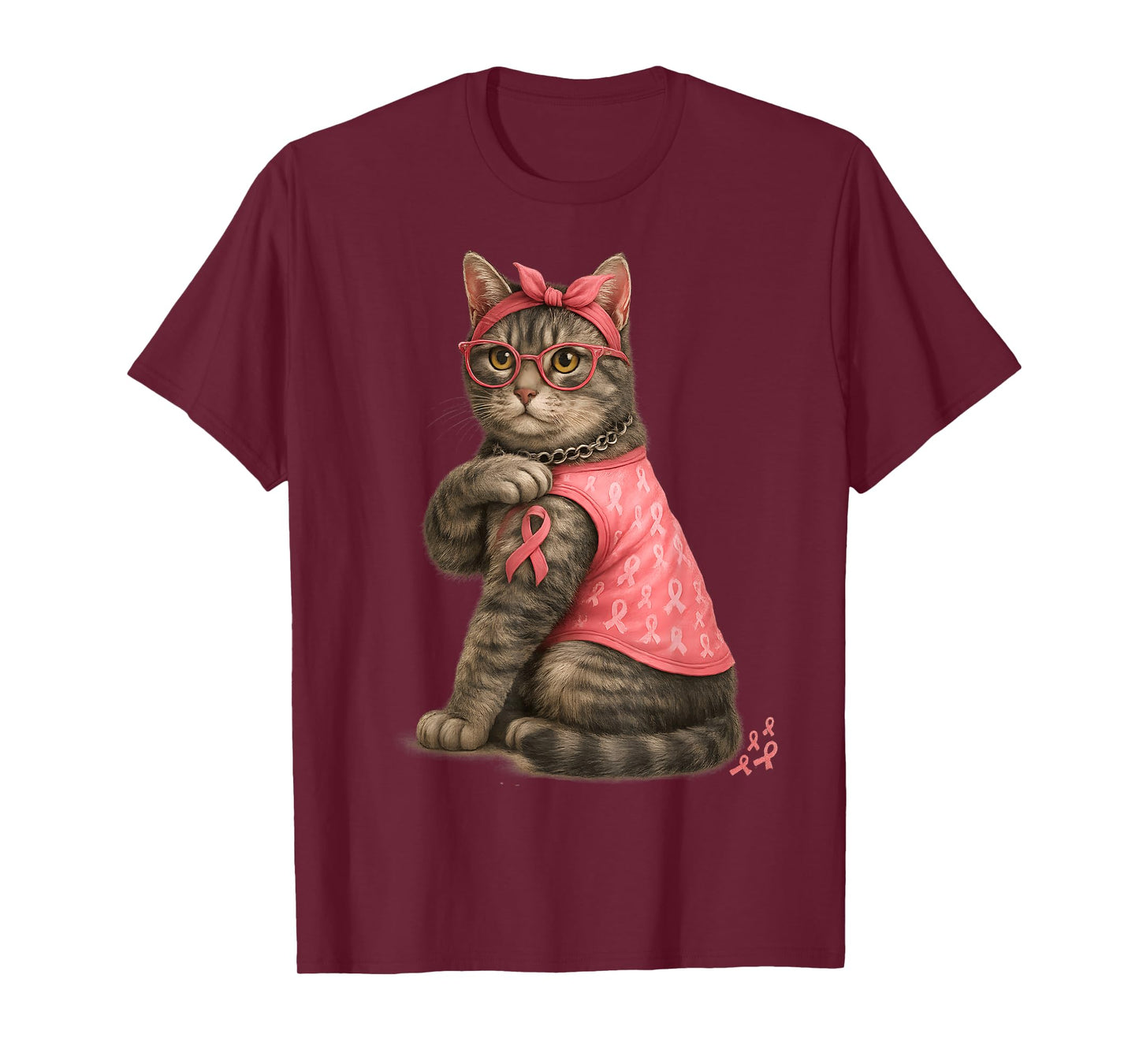 Gray Tabby Cat Pink Ribbon Breast Cancer Awareness Kitty T-Shirt