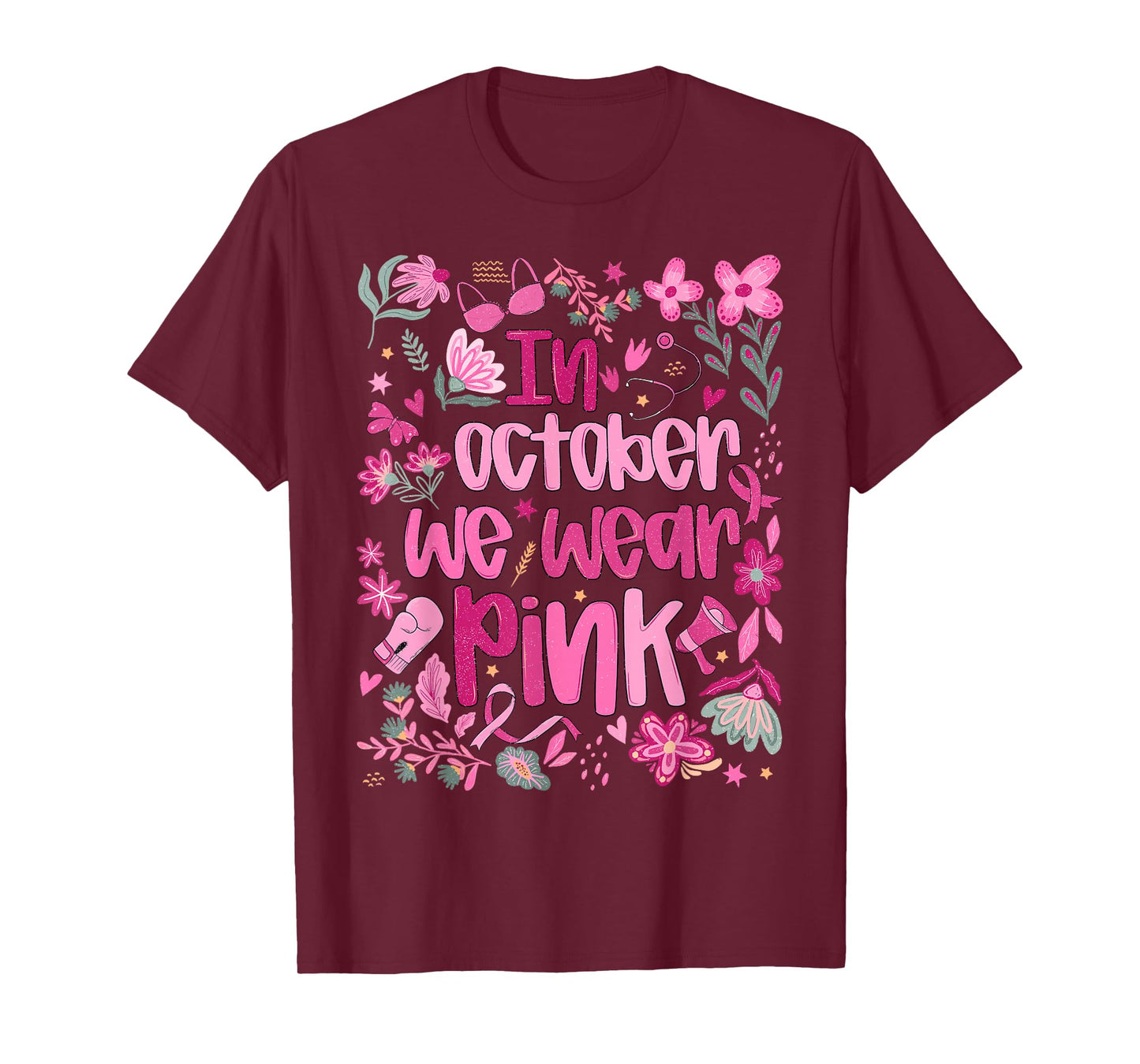 in October We Wear Pink Boho Floral Breast Cancer Awareness T-Shirt