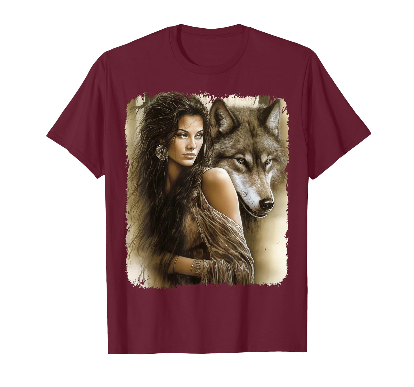 Woman and Grey Wolf Fantasy T-Shirt