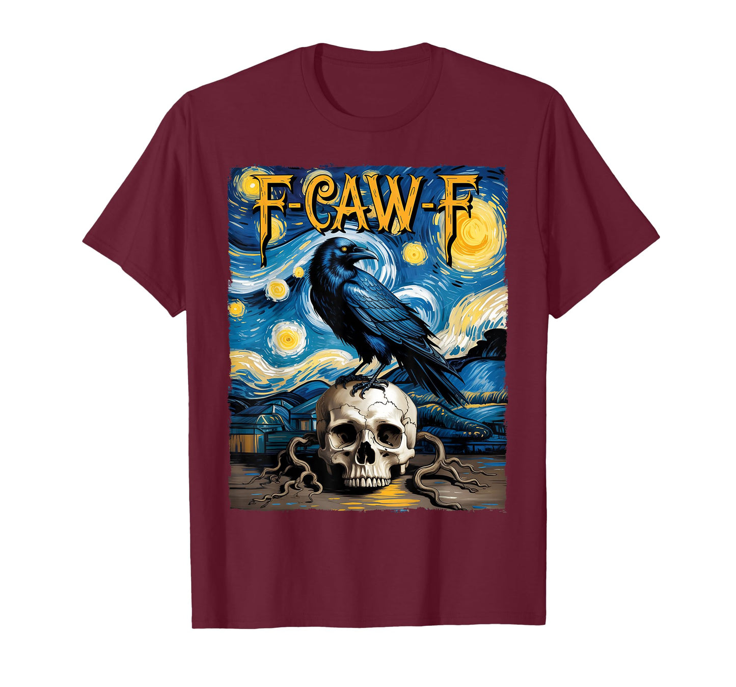 F Caw F Black Crow Halloween Starry Night Crow Skull Raven T-Shirt