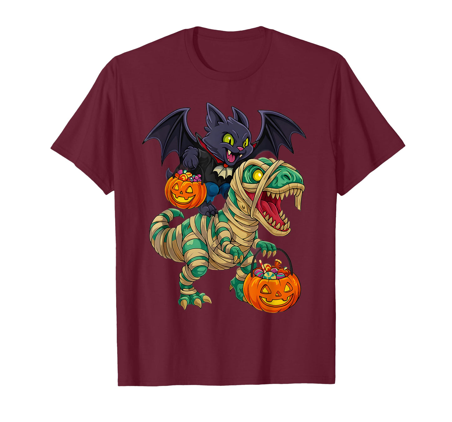 Vampire Cat Riding Mummy Dinosaur T rex Halloween Pumpkin T-Shirt