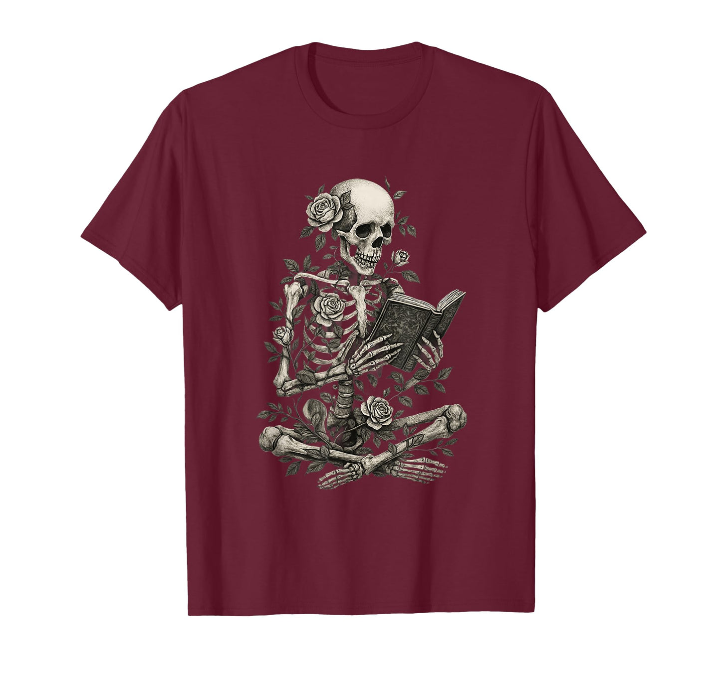 Skeleton Reading Flowers Creepy Halloween T-Shirt
