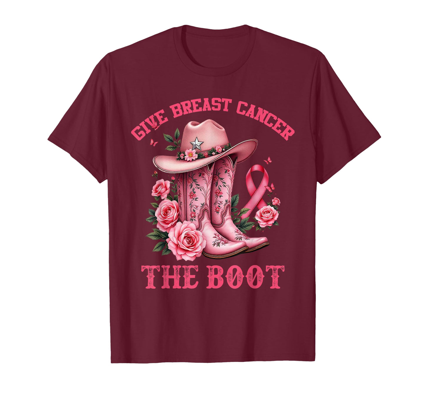 Give Breast Cancer The Boot Cowgirl Cancer Awareness Ribbon T-Shirt
