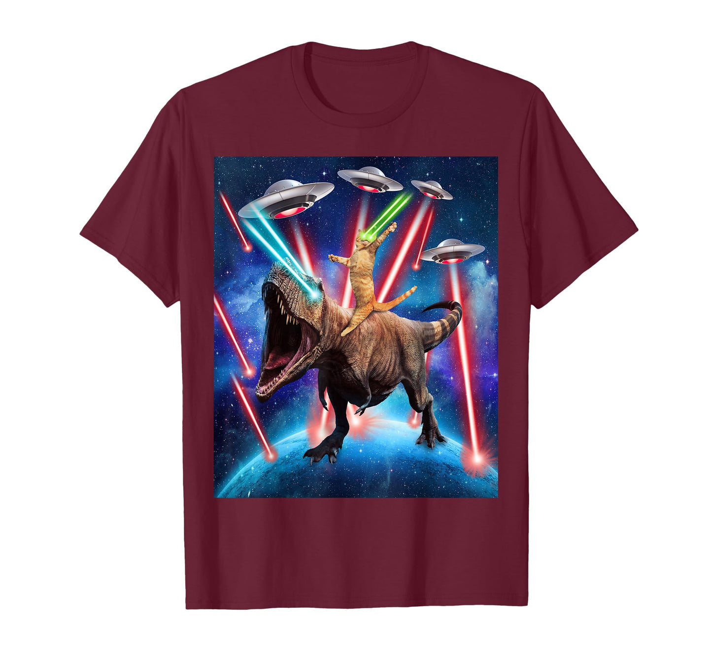 Space Cat Riding Dinosaur T rex Laser Eyes UFO Funny Cat T-Shirt
