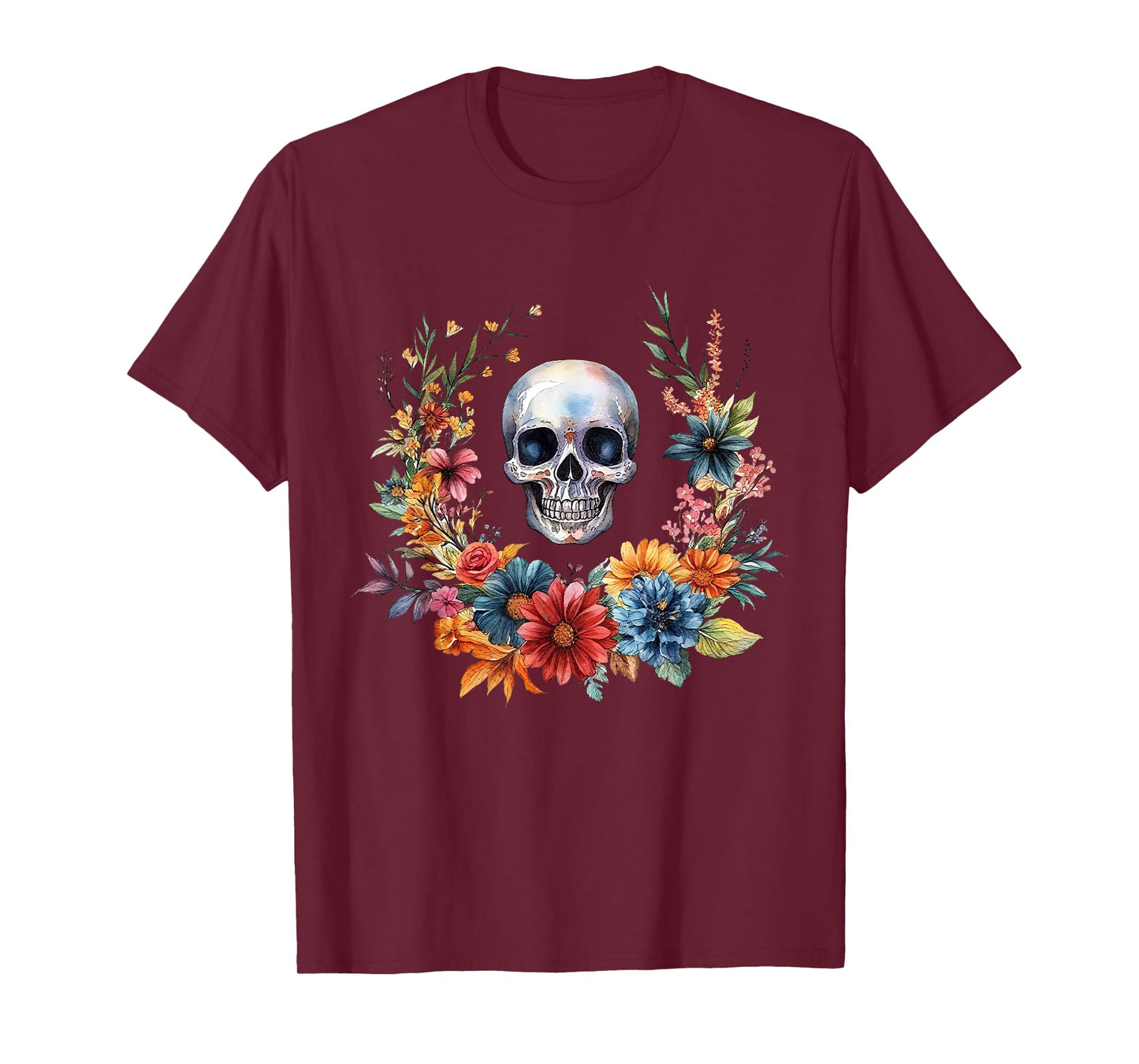 Funny Vintage Skeleton Skull Flower Halloween Retro Floral T-Shirt